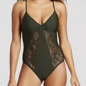 Mossimo Swim Suit Olive Green One Piece Crochet Lace Inset Boho Strappy Back